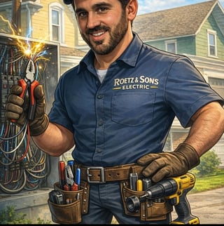 Roetz & Sons Electric LLC logo featuring a shield with crossed lightning bolt and tools